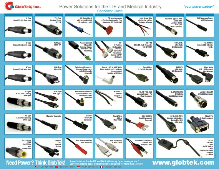 This Product Selector Guide for Output connectors offers a single-sheet summary of popular connector and accessory offerings from GlobTek. GlobTek offers a vast offering of output connector and cable assembly options from it’s in house cable assembly plant. The guide includes standard battery pack and power cord offerings.